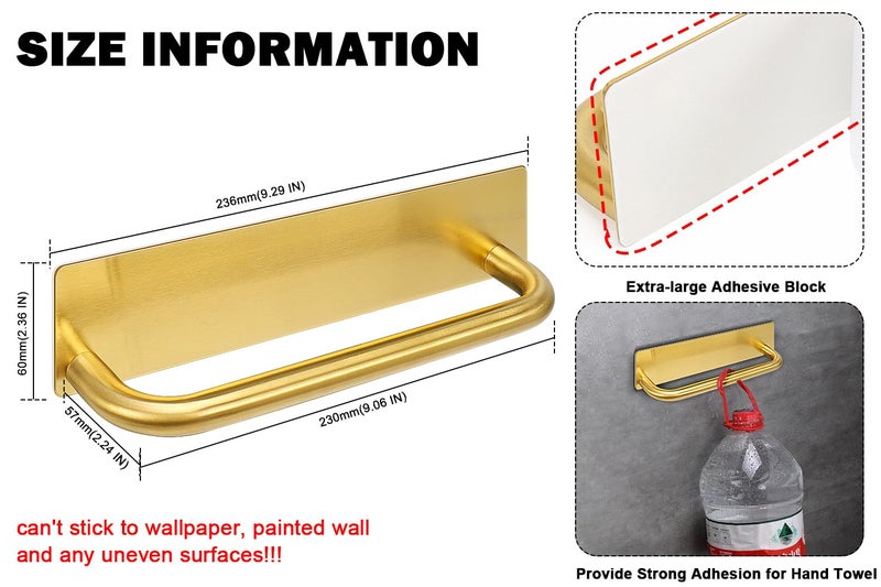 Livabber Self Adhesive Hand Towel Holder- 304 Stainless Steel Hand Towel Bar for Bathroom Kitchen Stick on Wall  Waterproof Hand Towel Rack No Drilling  9 Inch(Gold) - Image 2