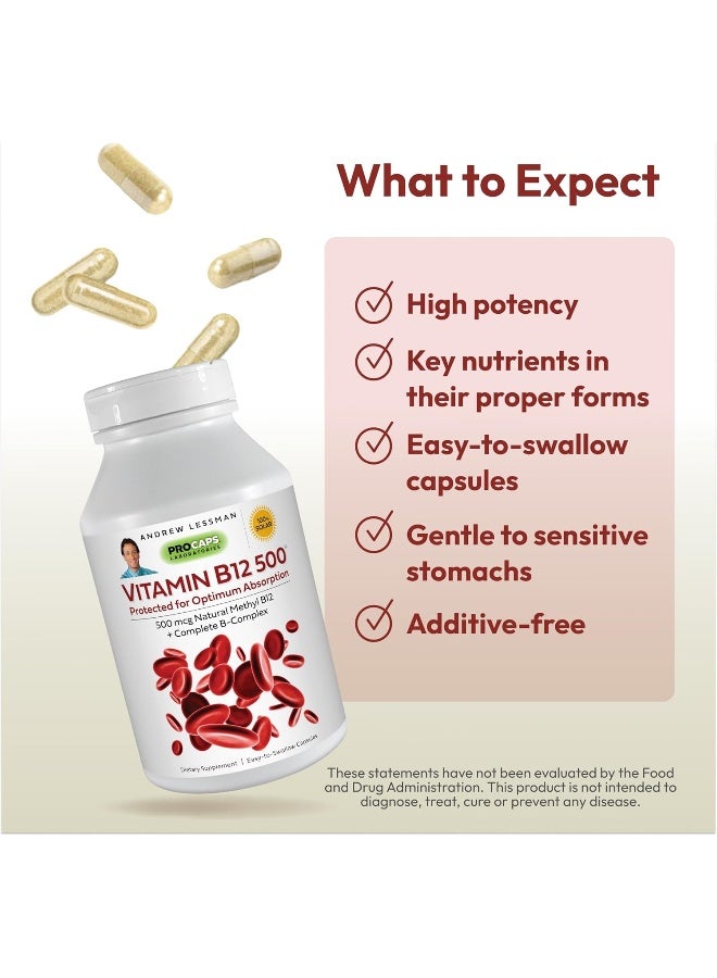 ANDREW LESSMAN Vitamin B12 500 180 Capsules - Absorption-Protected Methylcobalamin (Natural Coenzyme Vitamin B12), Essential for Energy and Stress Support, Plus B-Complex, Easy to Swallow Capsules - Image 4