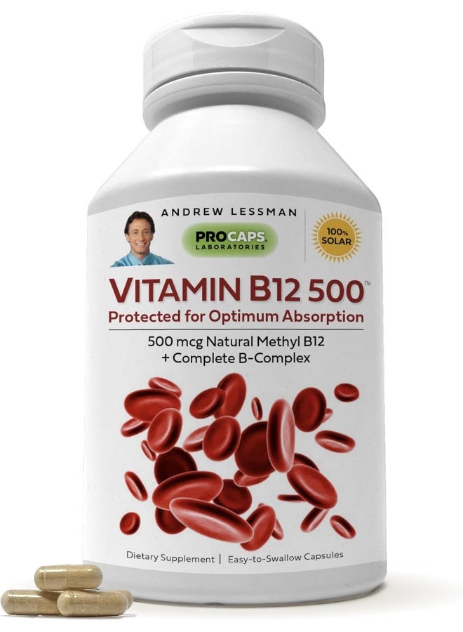 ANDREW LESSMAN Vitamin B12 500 180 Capsules - Absorption-Protected Methylcobalamin (Natural Coenzyme Vitamin B12), Essential for Energy and Stress Support, Plus B-Complex, Easy to Swallow Capsules - Image 1