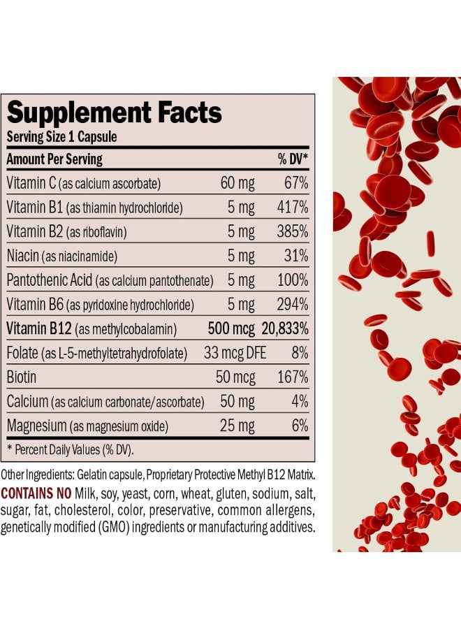 ANDREW LESSMAN Vitamin B12 500 180 Capsules - Absorption-Protected Methylcobalamin (Natural Coenzyme Vitamin B12), Essential for Energy and Stress Support, Plus B-Complex, Easy to Swallow Capsules - Image 2
