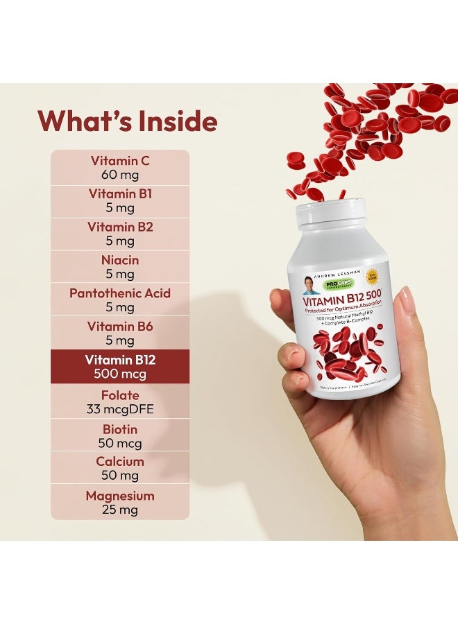 ANDREW LESSMAN Vitamin B12 500 180 Capsules - Absorption-Protected Methylcobalamin (Natural Coenzyme Vitamin B12), Essential for Energy and Stress Support, Plus B-Complex, Easy to Swallow Capsules - Image 3