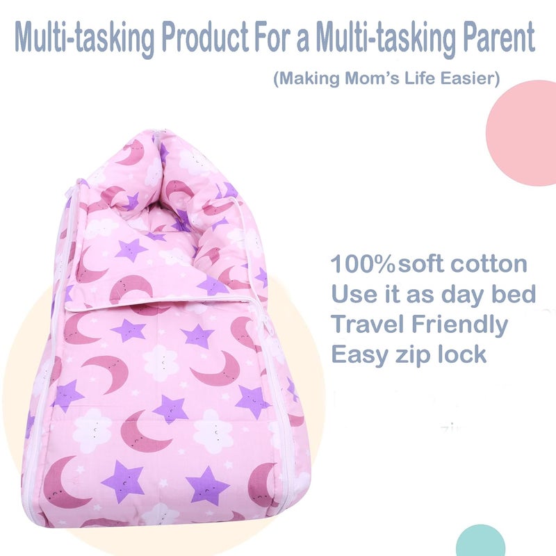 Nonibud Baby Cotton Sleeping Bed Cum Carrying Nest Bag with Storage Bag Large Size 77 Cms X 40 Cms 09 Months SkyBlue Star Print Pink Moon - Image 3