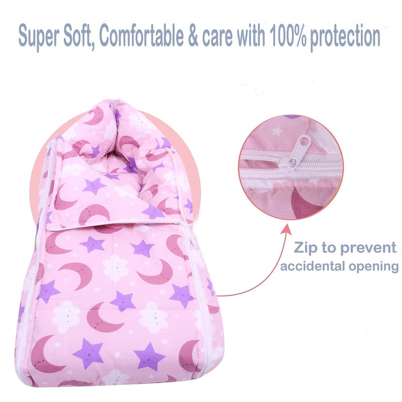 Nonibud Baby Cotton Sleeping Bed Cum Carrying Nest Bag with Storage Bag Large Size 77 Cms X 40 Cms 09 Months SkyBlue Star Print Pink Moon - Image 4