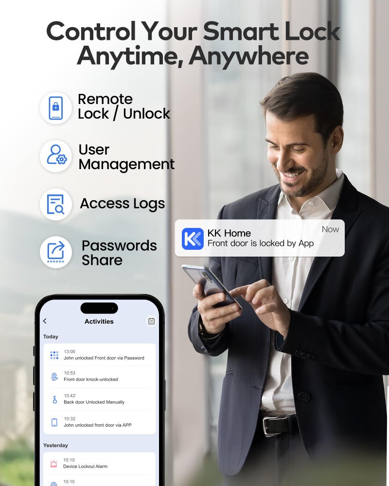 TEEHO TE012W WiFi Smart Lock, Fingerprint Door Lock with Built-in Wi-Fi, Keyless Entry Keypad Smart Deadbolt, App Remote Control, Alexa Compatible, IP55 Waterproof for Front Door â€“ Satin Nickel - Image 3