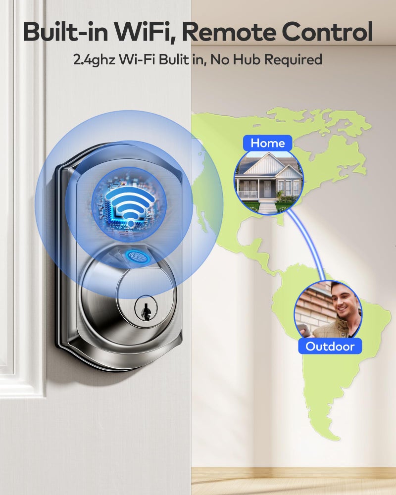 TEEHO TE012W WiFi Smart Lock, Fingerprint Door Lock with Built-in Wi-Fi, Keyless Entry Keypad Smart Deadbolt, App Remote Control, Alexa Compatible, IP55 Waterproof for Front Door â€“ Satin Nickel - Image 2