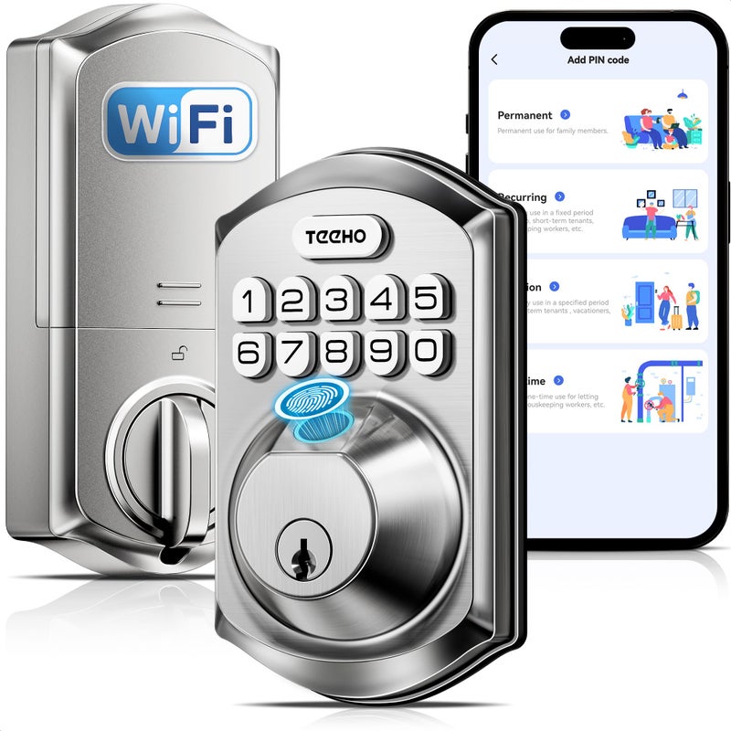 TEEHO TE012W WiFi Smart Lock, Fingerprint Door Lock with Built-in Wi-Fi, Keyless Entry Keypad Smart Deadbolt, App Remote Control, Alexa Compatible, IP55 Waterproof for Front Door â€“ Satin Nickel - Image 1