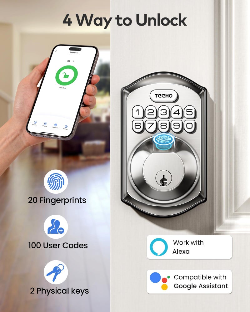 TEEHO TE012W WiFi Smart Lock, Fingerprint Door Lock with Built-in Wi-Fi, Keyless Entry Keypad Smart Deadbolt, App Remote Control, Alexa Compatible, IP55 Waterproof for Front Door â€“ Satin Nickel - Image 4