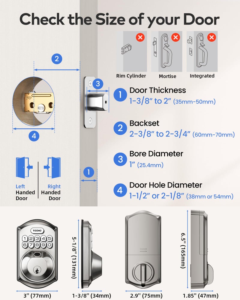 TEEHO TE012W WiFi Smart Lock, Fingerprint Door Lock with Built-in Wi-Fi, Keyless Entry Keypad Smart Deadbolt, App Remote Control, Alexa Compatible, IP55 Waterproof for Front Door â€“ Satin Nickel - Image 5