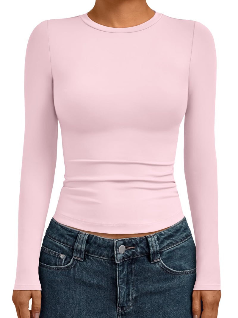 AUTOMET Womens Long Sleeve Shirts Basic Compression Going Out Crop Tops Fall Fashion Y2K Clothes 2025 Pink L - Image 1