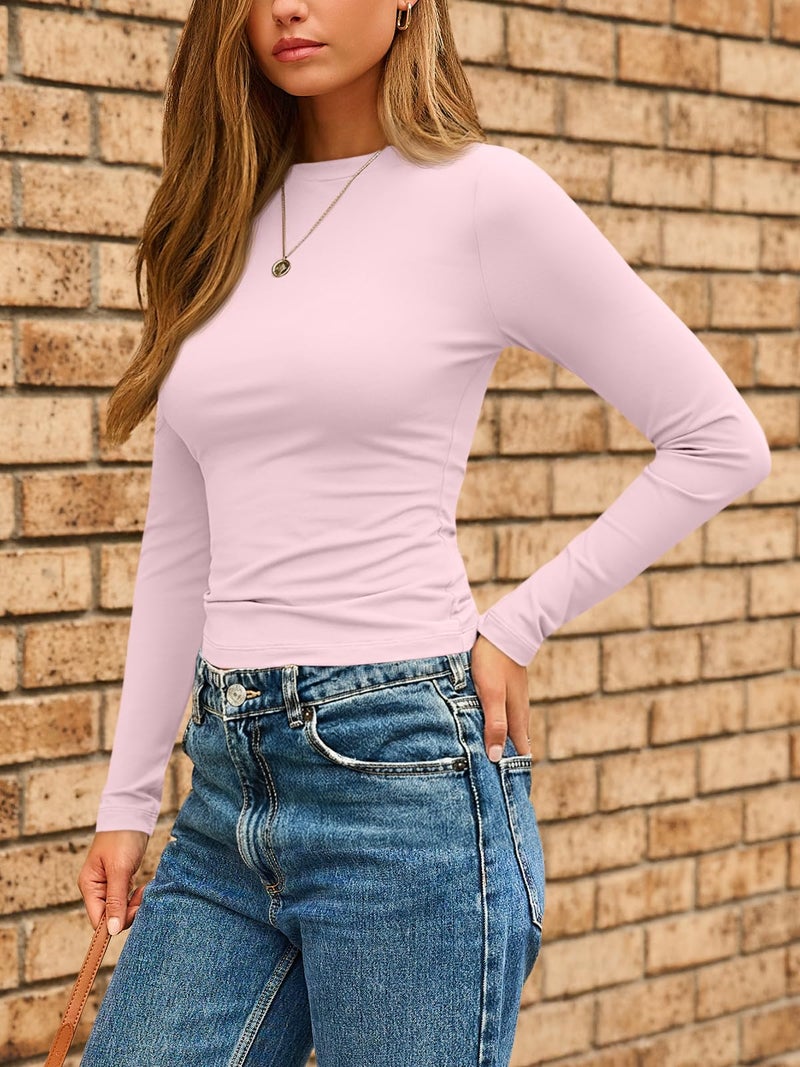 AUTOMET Womens Long Sleeve Shirts Basic Compression Going Out Crop Tops Fall Fashion Y2K Clothes 2025 Pink L - Image 3