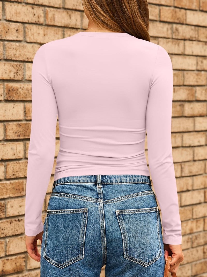 AUTOMET Womens Long Sleeve Shirts Basic Compression Going Out Crop Tops Fall Fashion Y2K Clothes 2025 Pink L - Image 4