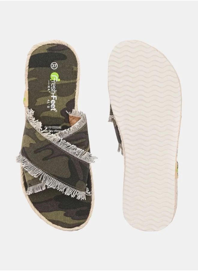 Fresh Feet Frayed Trim Cross Strap  Camo Print Flat Sandal