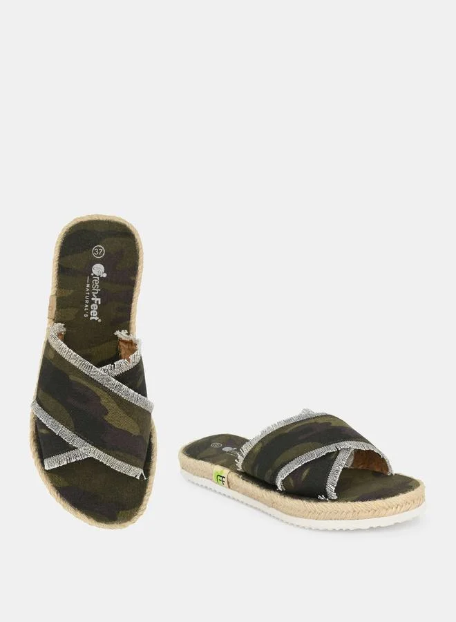 Fresh Feet Frayed Trim Cross Strap  Camo Print Flat Sandal by Styli
