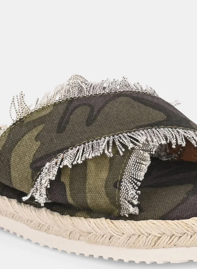 Fresh Feet Frayed Trim Cross Strap  Camo Print Flat Sandal by Styli