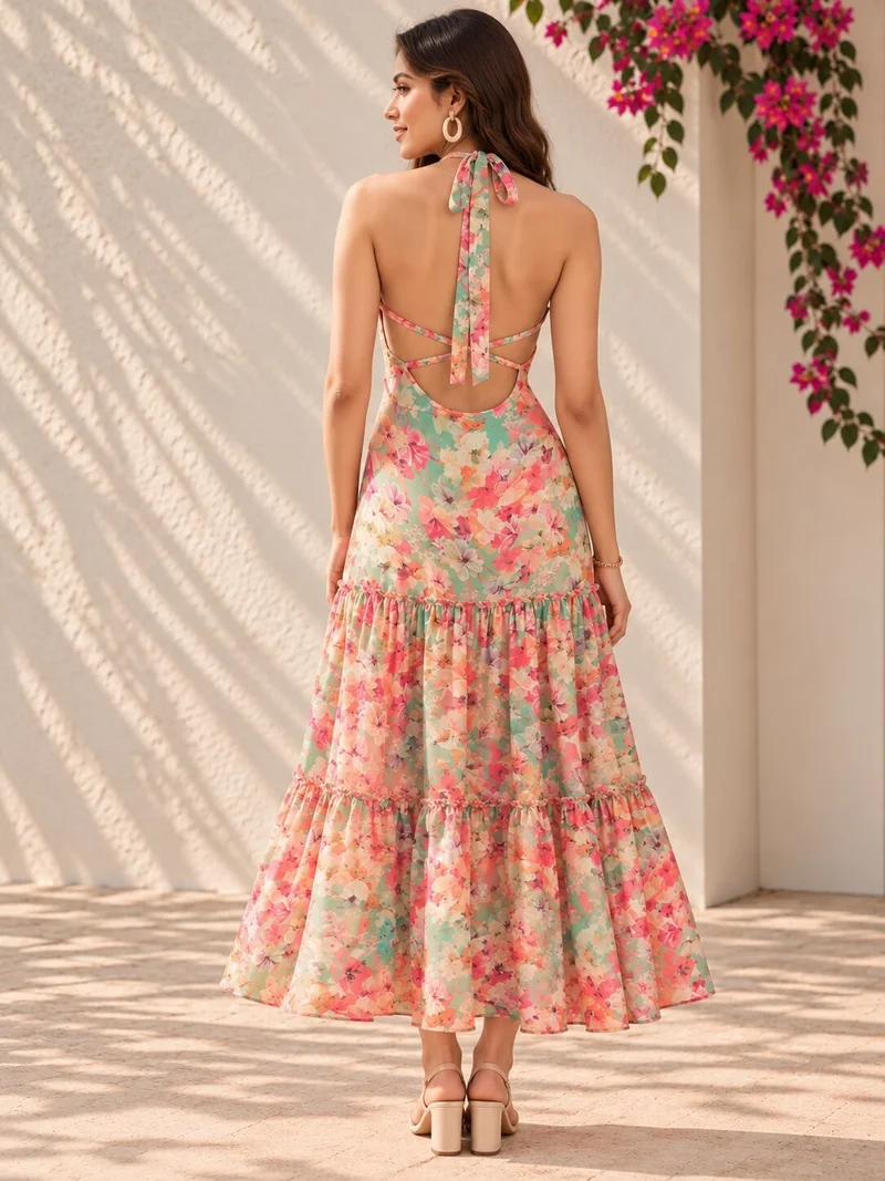 Panit Women Peach Floral Printed Tiered Maxi Dress
