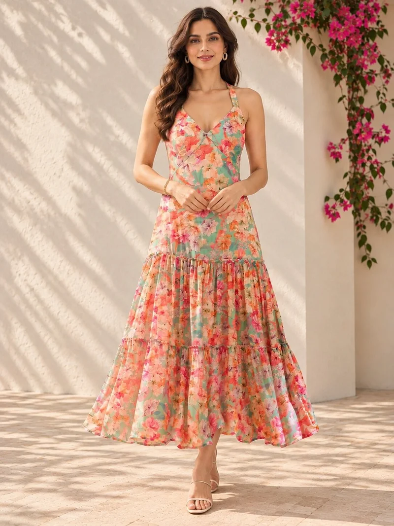 Panit Women Peach Floral Printed Tiered Maxi Dress