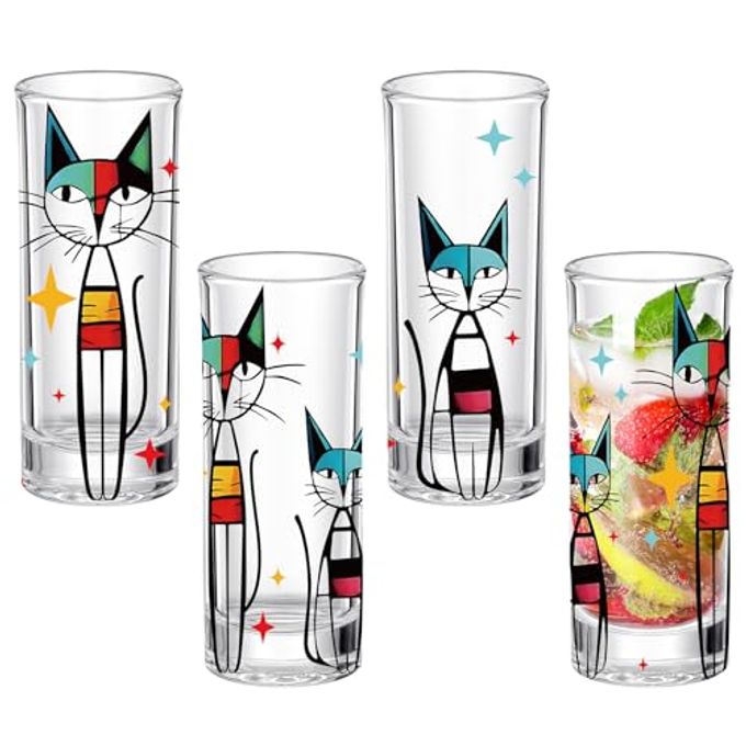 Patelai 4 Pcs Retro Cat Glass Cups Black Cool Cat Drinking Glasses for Iced Coffee Cocktail Juice Atomic Gifts Mid-century Modern Kitchen Decor