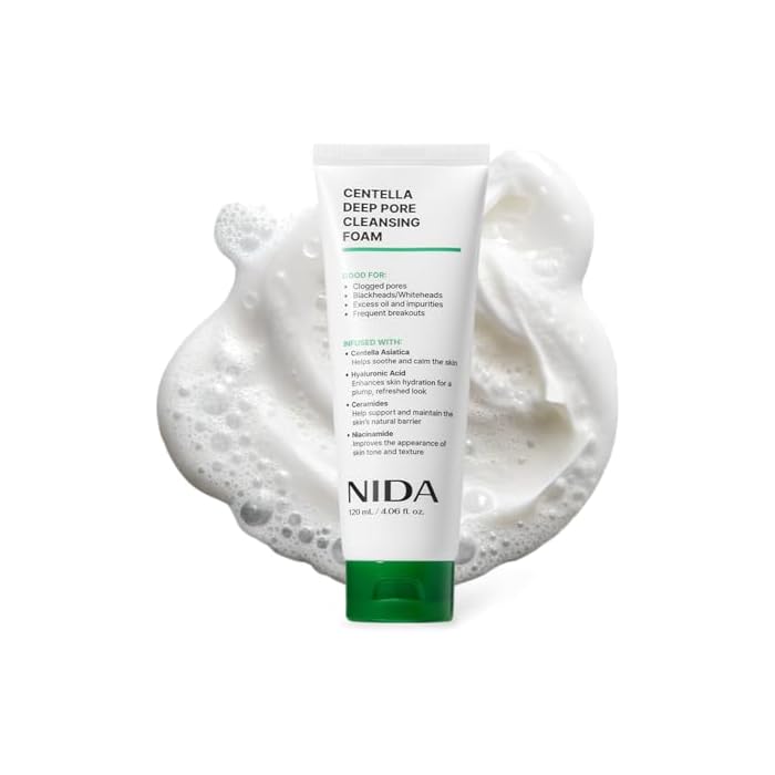 NIDA Centella Deep Pore Cleansing Foam | Centella Asiatica, Hyaluronic Acid, Ceramides, Niacinamide | Clogged Pores, Blackheads/Whiteheads, Good for Impurities & Breakouts | 4.06 oz., 120ml