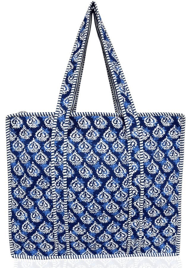 Third Eye Export 100% Cotton Quilted Tote Bag 18x16– Large Zipper Beach Bag & Travel Bag Green Purse Reusable Grocery Bags, Indigo Block Print - Image 1