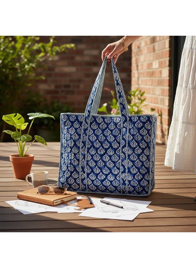 Third Eye Export 100% Cotton Quilted Tote Bag 18x16– Large Zipper Beach Bag & Travel Bag Green Purse Reusable Grocery Bags, Indigo Block Print - Image 2