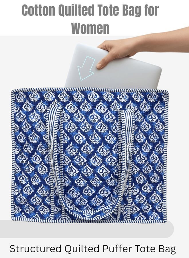 Third Eye Export 100% Cotton Quilted Tote Bag 18x16– Large Zipper Beach Bag & Travel Bag Green Purse Reusable Grocery Bags, Indigo Block Print - Image 5