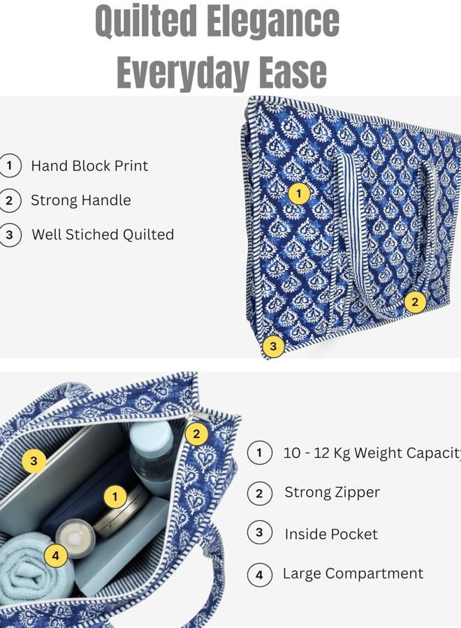 Third Eye Export 100% Cotton Quilted Tote Bag 18x16– Large Zipper Beach Bag & Travel Bag Green Purse Reusable Grocery Bags, Indigo Block Print - Image 4