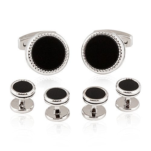 Cuff-Daddy Tuxedo Cufflinks Studs Formal Set Black Enamel Silver with Presentation Box Gift Party Special Occasions Wedding Anniversary - Image 1