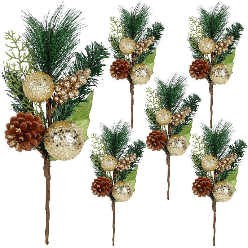 DRDUDU Christmas Tree Ornaments 6 Pcs 12 Gold Picks and Sprays with Brown Pine Cone Green Poinsettia Leaf Artificial Berry Branches Stems Decorations DIY Crafts for Vase Filler Wreath Decor Gold