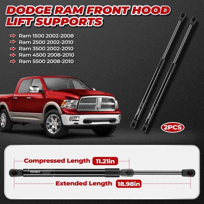 Vepagoo 2 Front Hood Gas Struts Lift Supports 4364 Compatible for 2002-2010 Dodge Ram 1500/2500/3500/4500/5500 Spring Shocks, 2pcs (1pair) - Image 2