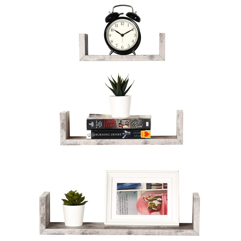 Greenco Set of 3 Floating U Shelves EasytoAssemble Floating Wall Mount Shelves for Bedrooms and Living Rooms Rustic White Finish