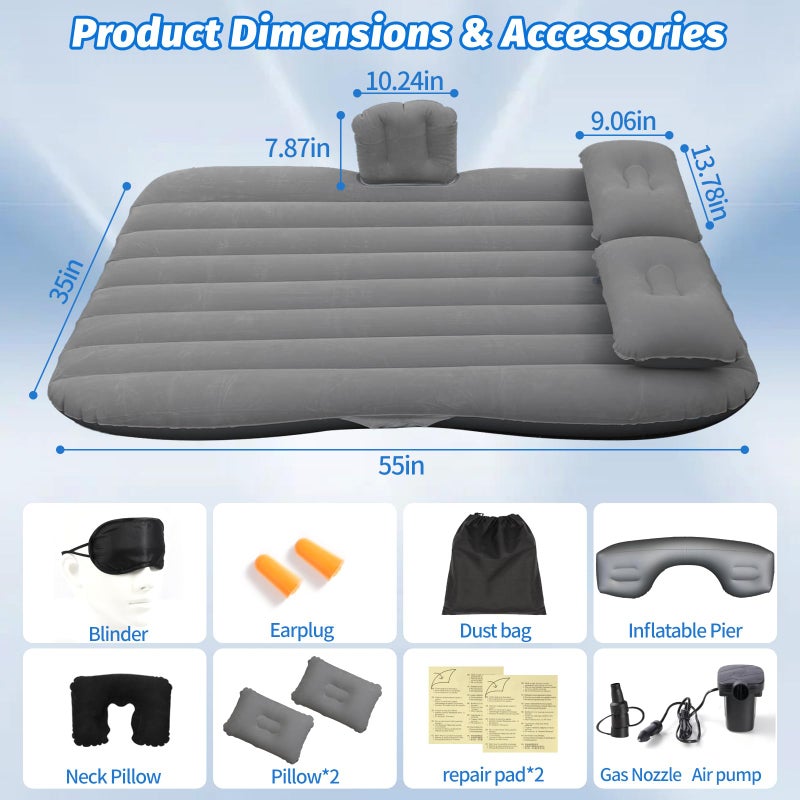 Onirii Inflatable Car Air Mattress Back Seat Bed with Air Pump,55 "x 35" Portable Thickened Car Travel Camping Sleeping Air Mattress Blow Up Bed for Car Universal SUV - Image 3