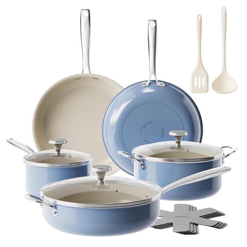 Redchef Ceramic Nonstick Cookware Set,14pcs Pots and Pans Set Non Stick,Induction Cookware with Stainless Steel Handle,Non Toxic Kitchen Cooking Set,Dishwasher & Oven Safe,PFAS PFOA & PTFE Freeï¼ˆBlueï¼‰ - Image 1