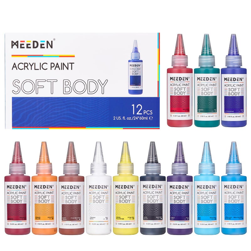 MEEDEN Soft Body Acrylic Paints Set Matte Finish 12 Colors x 60ml2oz Fluid Acrylic Paints for Art Painting on Canvas Wood Glass for Beginner Students Adults Artists - Image 2