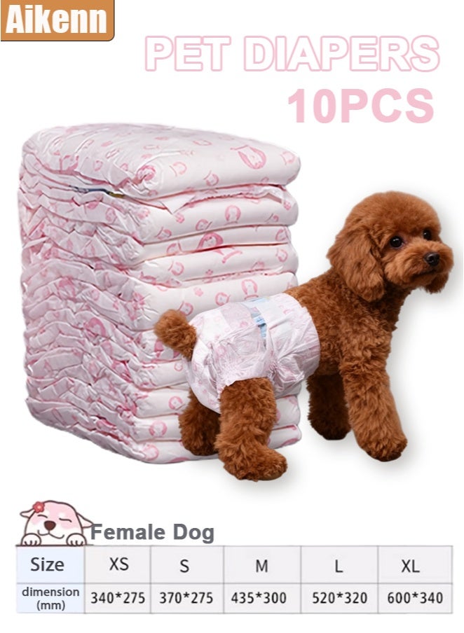 حفاضات أساسية للكلاب الإناث، 10 قطع، خمسة مقاسات (XS/S/M/L/XL) حفاضات للحيوانات الأليفة، لفائف فائقة الامتصاص للاستخدام مرة واحدة مع ملاءمة آمنة، مانعة للتسرب ومريحة - Image 1