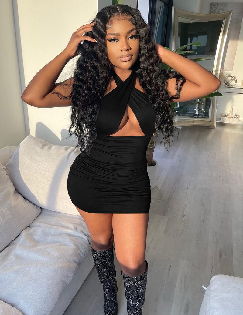 Mokoru Women's Sexy Ruched Bodycon Halter Criss Cross Cut Out Backless Mini Club Party Dresses, Medium, Black - Image 4