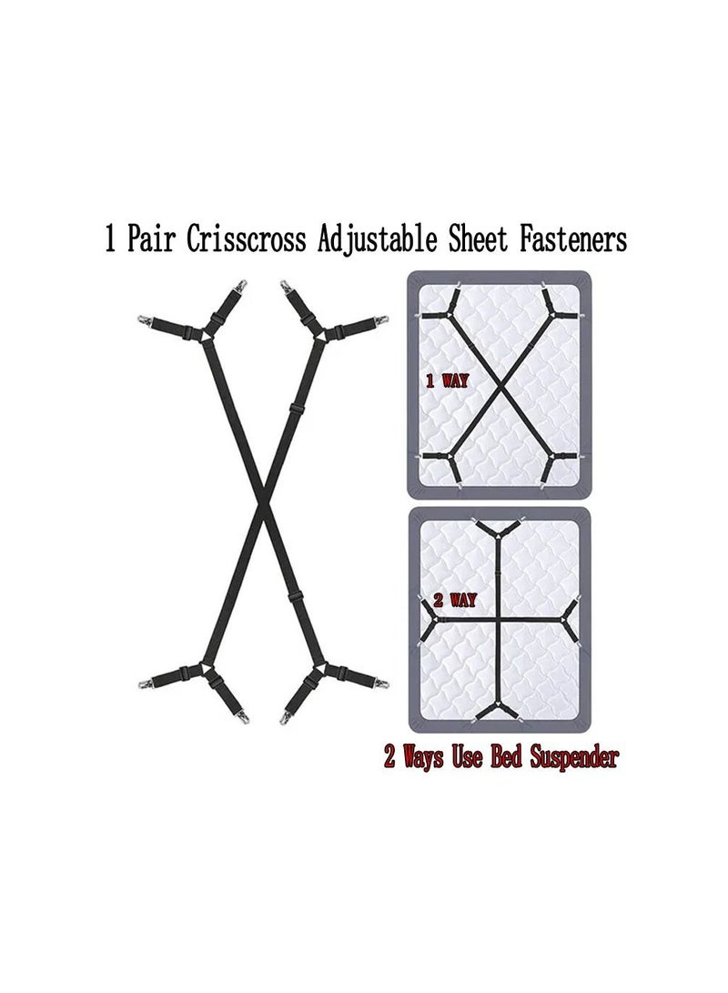 1 Pair Crisscross Adjustable Sheet Fasteners, 2 Ways Use Bed Suspender Cover Grippers Straps Holders  - Image 1