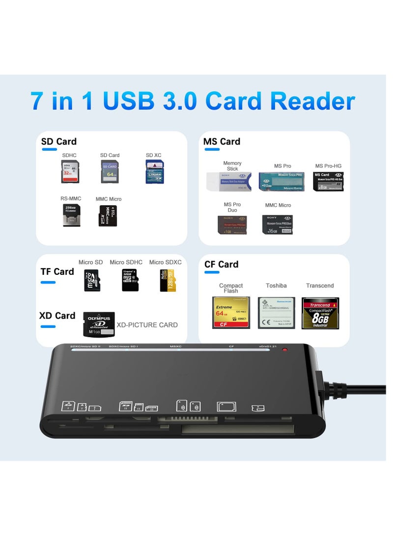 KASTWAVE - USB 3.0 Memory Card Reader Upgraded Extension 7 in 1 Multi-Card Adapter 5Gbps Read Write for SD SDXC SDHC CF CFI TF XD Micro SD Micro SDXC Micro SDHC MS MMC UHS-I Card for Windows Mac OS Linux - Image 1