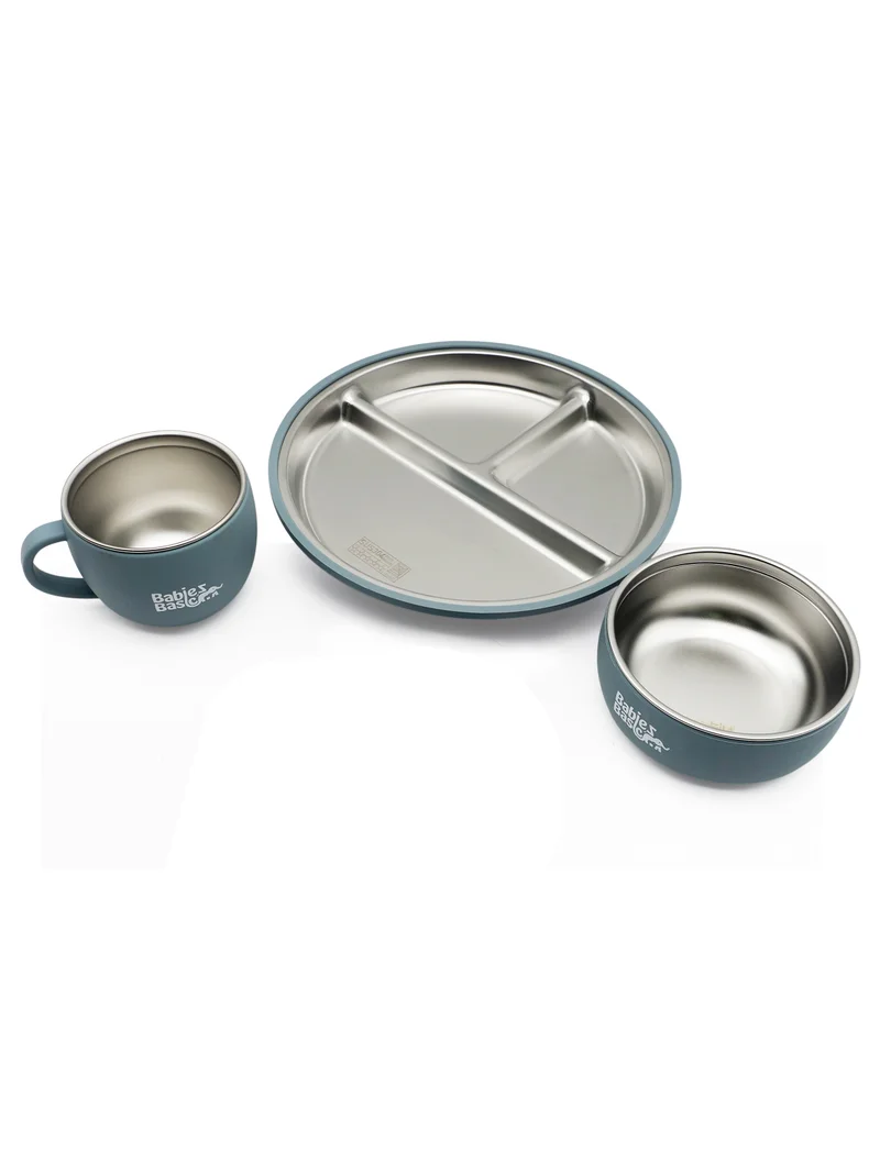 بابيز_بيسك Babies Basic Stainless Steel Plate, Bowl, and Cup with Silicone Sleeve for Kids, Indigo