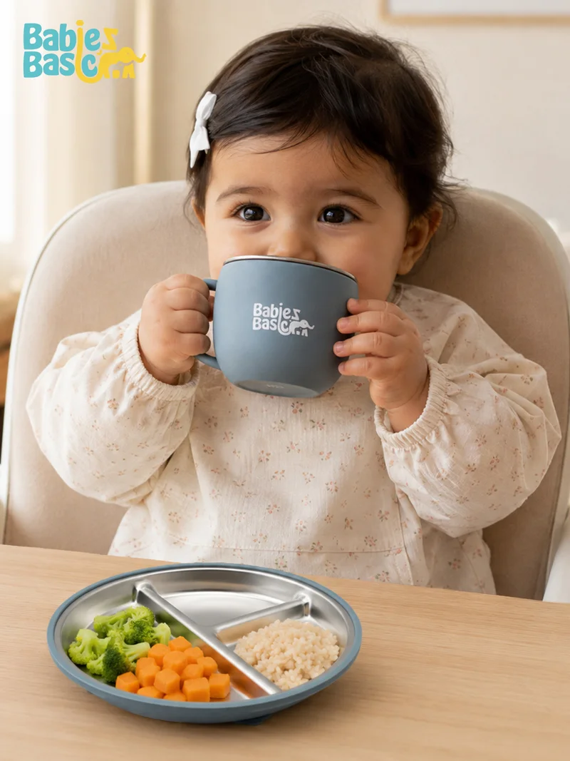 بابيز_بيسك Babies Basic Stainless Steel Plate, Bowl, and Cup with Silicone Sleeve for Kids, Indigo
