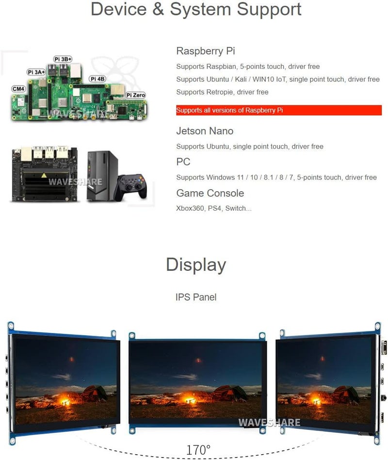 ويف شير شاشة لمس سعوية مقاس 7 بوصة من متوافقة مع لوحات Raspberry Pi 5/4B/3B+/3A+/2B/B+/A+/Zero/Zero W/WH/Zero 2W CM3+/4 Series بدقة 1024×600 واجهة HDMI IPS تدعم Windows - Image 5