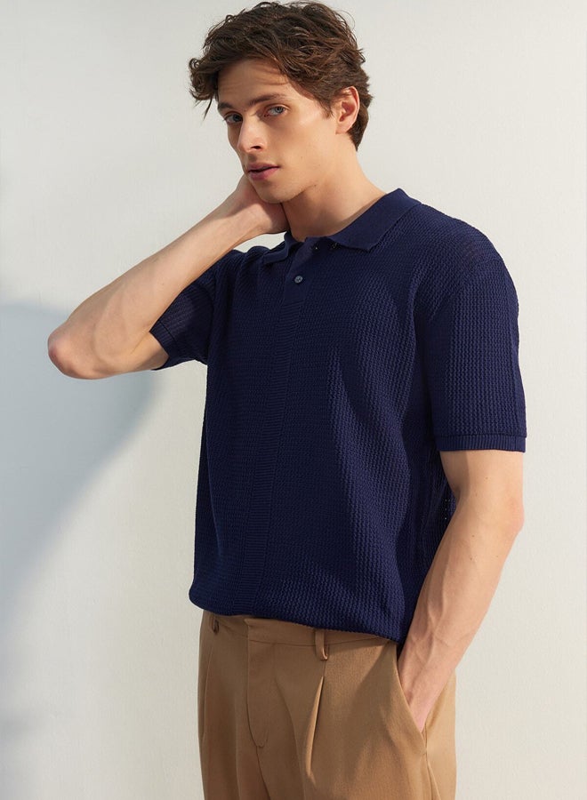 Navy Blue Limited Edition Relaxed Short Sleeve Knitwear Polo Neck T-shirt TMNSS23PO00025