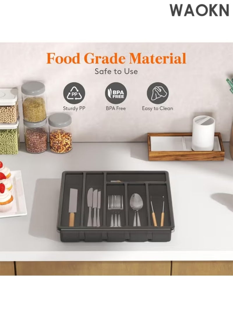 دبليو أيه أو كي أن حافظات تخزين أدراج أدوات المائدة العملية، منظم مقسم أدراج متعدد الوظائف مع غطاء، صينية أدوات مغطاة لدرج المطبخ وطاولة العمل، صندوق تخزين بلاستيكي لأدوات المائدة وأدوات المائدة، حامل ملاعق وشوك، 6 حجرات، أسود - Image 5