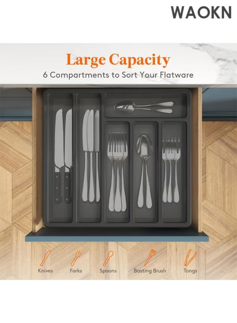 دبليو أيه أو كي أن حافظات تخزين أدراج أدوات المائدة العملية، منظم مقسم أدراج متعدد الوظائف مع غطاء، صينية أدوات مغطاة لدرج المطبخ وطاولة العمل، صندوق تخزين بلاستيكي لأدوات المائدة وأدوات المائدة، حامل ملاعق وشوك، 6 حجرات، أسود - Image 4