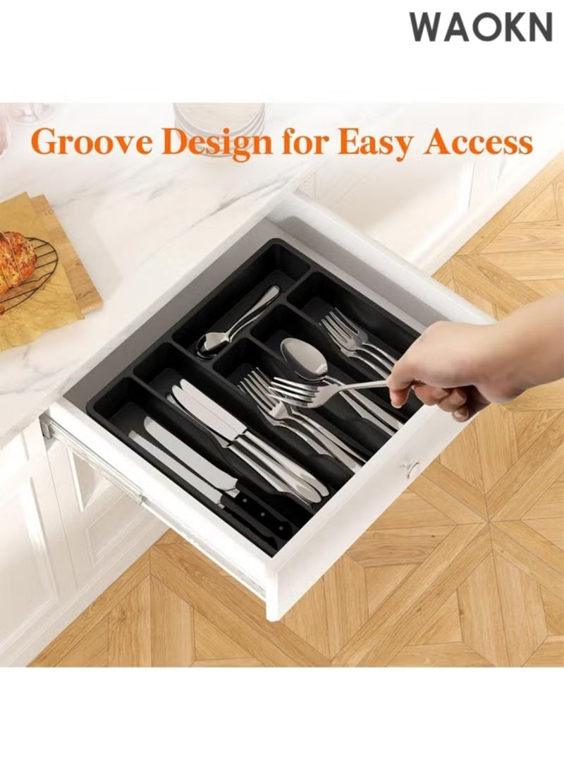 دبليو أيه أو كي أن حافظات تخزين أدراج أدوات المائدة العملية، منظم مقسم أدراج متعدد الوظائف مع غطاء، صينية أدوات مغطاة لدرج المطبخ وطاولة العمل، صندوق تخزين بلاستيكي لأدوات المائدة وأدوات المائدة، حامل ملاعق وشوك، 6 حجرات، أسود - Image 2