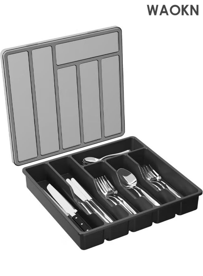 دبليو أيه أو كي أن حافظات تخزين أدراج أدوات المائدة العملية، منظم مقسم أدراج متعدد الوظائف مع غطاء، صينية أدوات مغطاة لدرج المطبخ وطاولة العمل، صندوق تخزين بلاستيكي لأدوات المائدة وأدوات المائدة، حامل ملاعق وشوك، 6 حجرات، أسود - Image 1