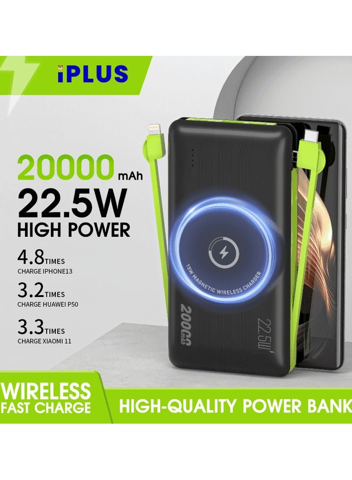 Wireless Charging Fast Charging Power bank 20000mAh 15W/22.5W QC3.0 With Inbuilt Charging Cable, 50% Charge in 30 Mins iPLUS iP-B102