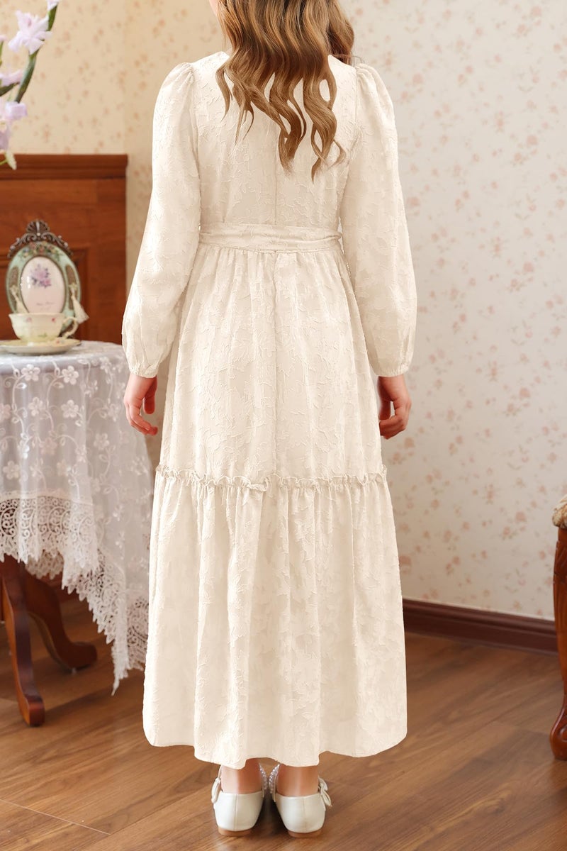 MITILLY Girls Long Sleeve Dress Elegant Floral Crew Neck A-Line Elastic Waist Formal Maxi Dresses with Belt 10 Years Apricot - Image 4