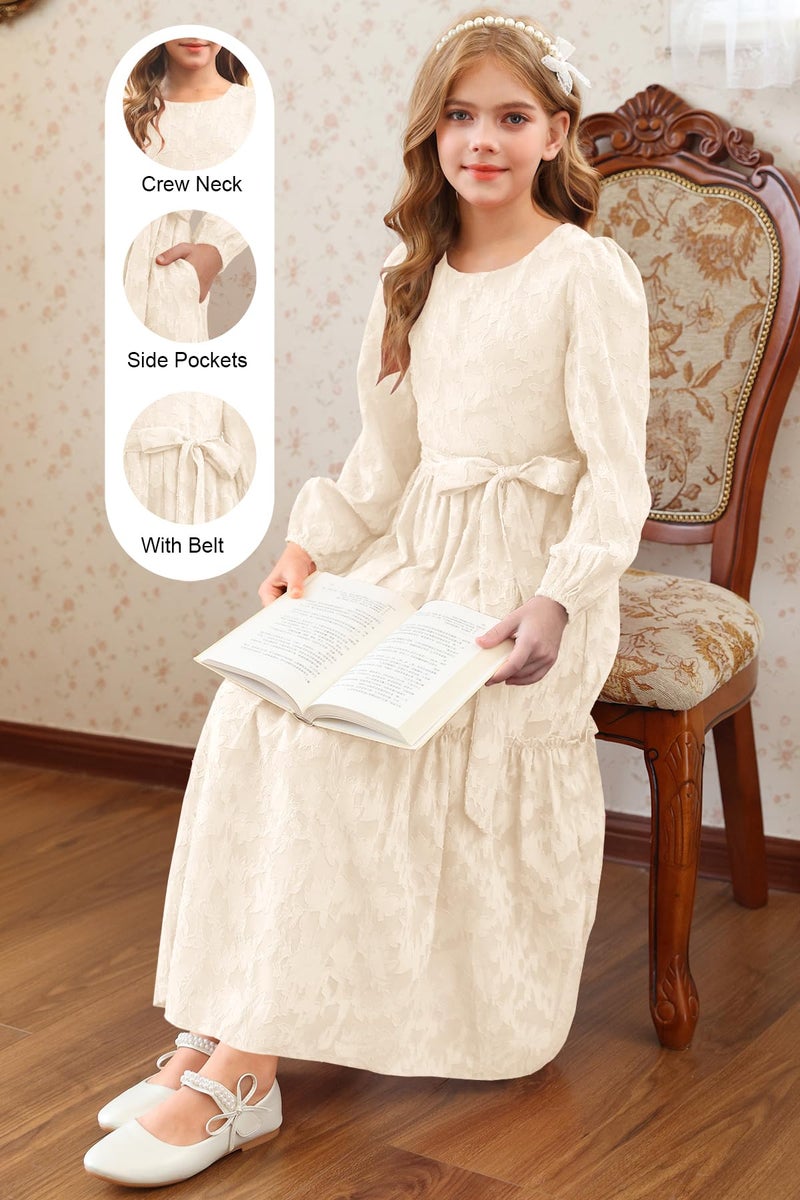 MITILLY Girls Long Sleeve Dress Elegant Floral Crew Neck A-Line Elastic Waist Formal Maxi Dresses with Belt 10 Years Apricot - Image 5