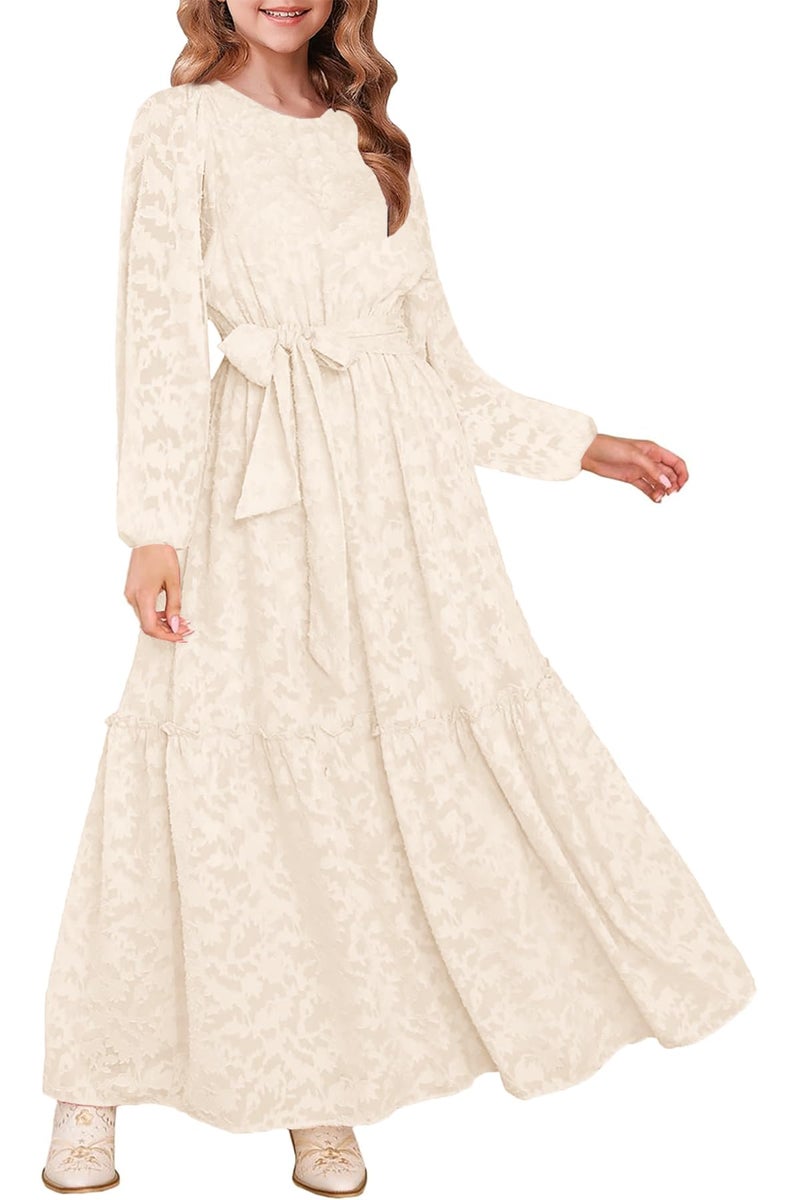 MITILLY Girls Long Sleeve Dress Elegant Floral Crew Neck A-Line Elastic Waist Formal Maxi Dresses with Belt 10 Years Apricot - Image 1