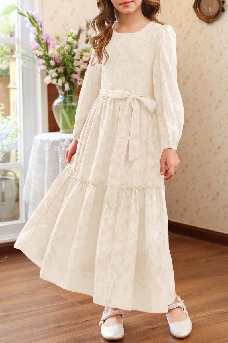 MITILLY Girls Long Sleeve Dress Elegant Floral Crew Neck A-Line Elastic Waist Formal Maxi Dresses with Belt 10 Years Apricot - Image 3